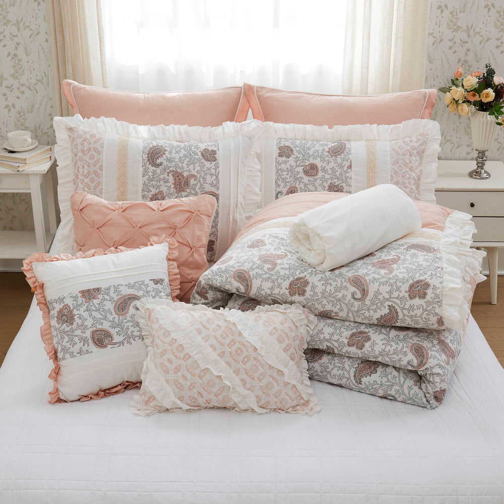 English Elm 9 Piece Cotton Percale Comforter Set – Blush Queen Stylish Shabby-Chic Bedding With Decorative Pillows B03597157