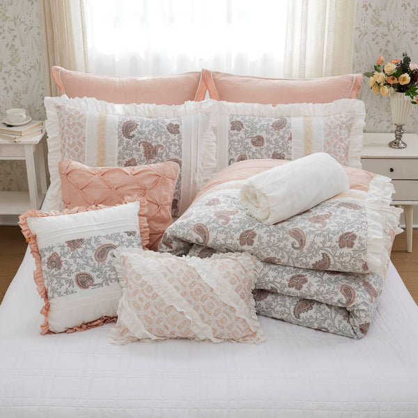 English Elm 9 Piece Cotton Percale Comforter Set – Blush Queen Stylish Shabby-Chic Bedding With Decorative Pillows B03597157