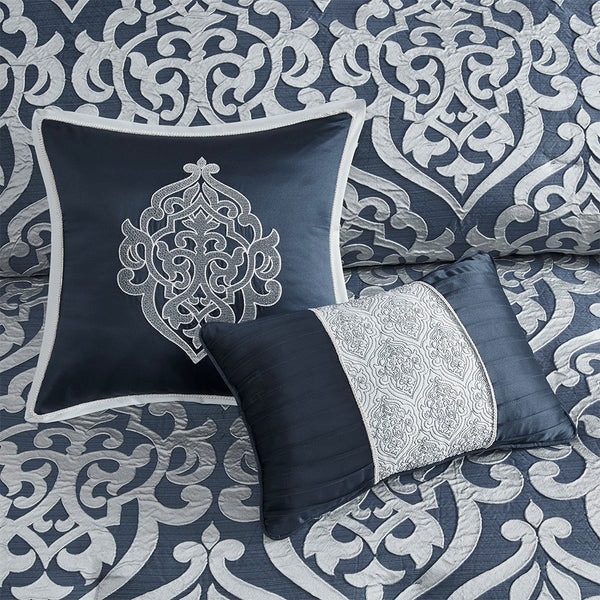 English Elm 8 Piece Jacquard Comforter Set In Navy & Silver - Luxurious Hotel-Style Bedding For King Beds B035128893