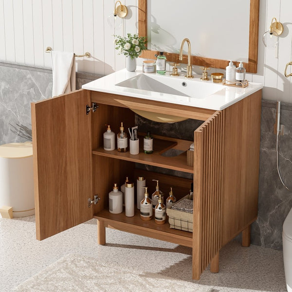 English Elm 29.9-inch Transitional Bathroom Vanity with Ceramic Sink Soft-close Doors Wood Legs N729P339777O