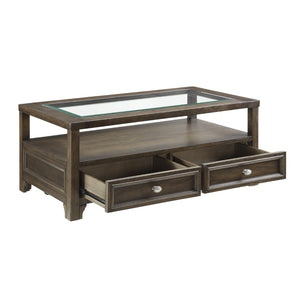 English Elm Modern Birch Veneer Cocktail Table with Glass Top Drawers and Open Shelf Storage B011P460075