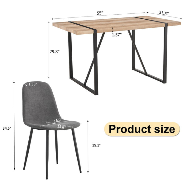 English Elm Table Set With 6 Upholstered Chairs - Modern Medieval Style, Rustic Industrial Mdf Dining Table W1151S04211-GIGA