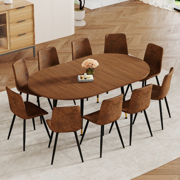English Elm Walnut Oval Extendable Dining Table Seats up to Ten with Sleek Black Metal Legs W3875S00101