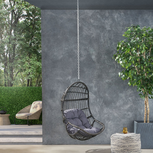 English Elm Christopher Knight Home® - BERKSHIRE Wicker Hanging Chair with 8ft Chain — Weather‑Resistant Faux Rattan Swing, 300 lb Capacity Gray 70843.00GDGRY
