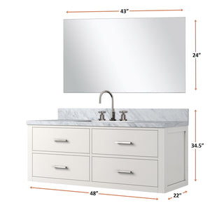 English Elm Castor 48" W White Single Bath Vanity with Carrara Marble Top, Assembled, Chrome Faucet & 43" Mirror B2731P336963