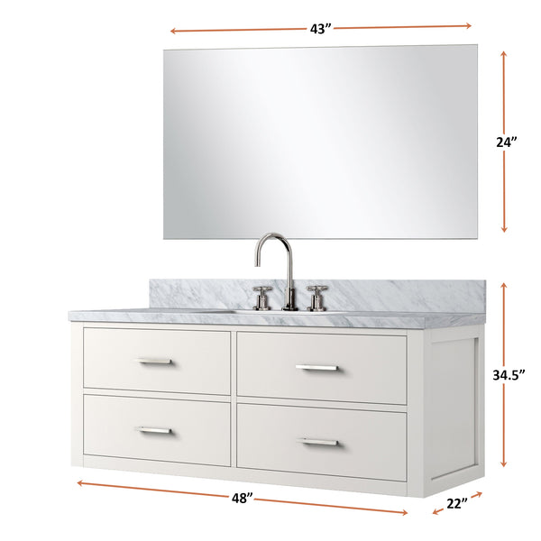 English Elm Castor 48" W White Single Bath Vanity with Carrara Marble Top, Assembled, Chrome Faucet & 43" Mirror B2731P336963