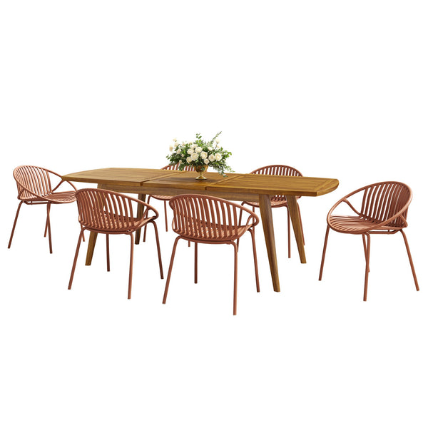 English Elm Christopher Knight Home® - 7 Expandable Outdoor Dining Set with Acacia Table & Stackable Chairs, Durable Metal Frame, Patio Orange,Teak N768P192555O_6_65428.00