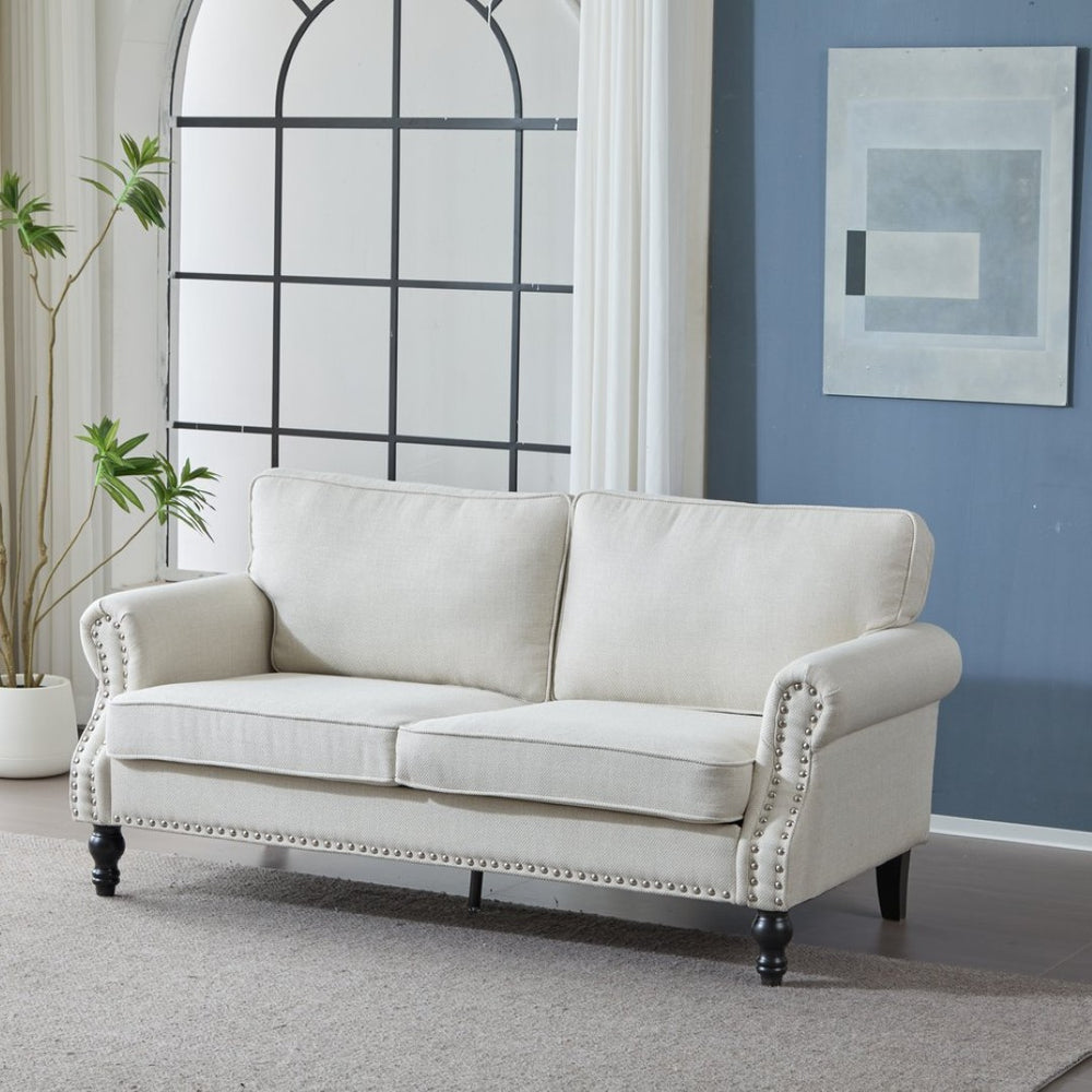 English Elm 68 Inch Faux Leather Two Seat Sofa with Brass Nailhead Trim and Rolled Arms W2911S00013