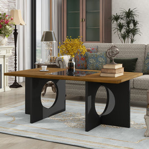 English Elm 47" Contemporary Wood Rectangular Coffee Table With Clear Tempered Glass Top, Black and Light Espresso Top