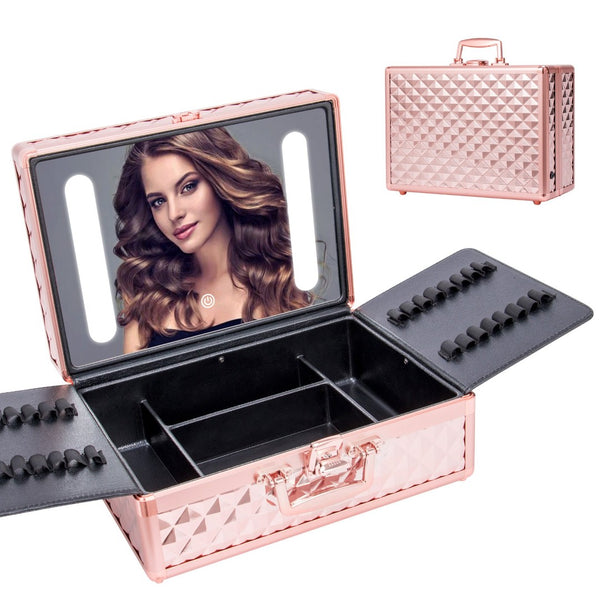 English Elm Portable Led Vanity Makeup Case Aluminum Travel Organizer with Mirror Lock Dividers W1550P163304