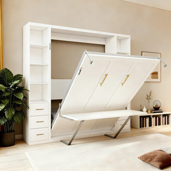 English Elm Desk Murphy Wall Bed Queen with Side Storage Cabinets for Home Office Study W5290S00006
