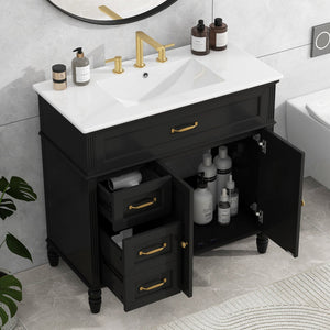 English Elm 36" Modern Bathroom Vanity with Ceramic Sink, Solid Wood + MDF Frame, Sleek Freestanding Design Black N725P195410B