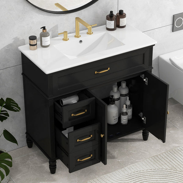 English Elm 36" Modern Bathroom Vanity with Ceramic Sink, Solid Wood + MDF Frame, Sleek Freestanding Design Black N725P195410B