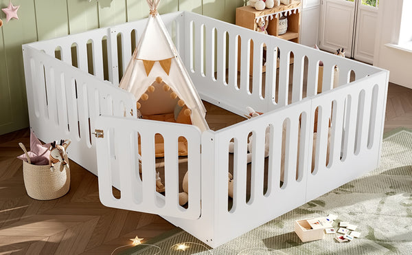 English Elm Queen Solid Pine Montessori Floor Bed for Kids with House Frame and Built-in Door Light White W5305P420638