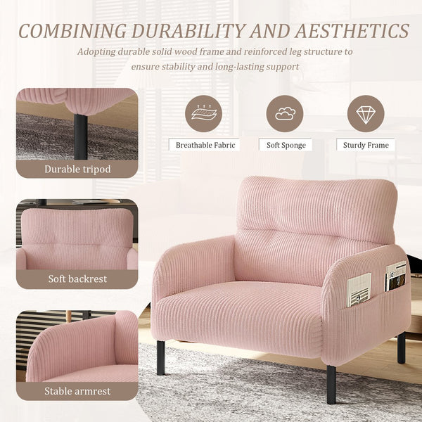 English Elm UNITED Corduroy Accent Chair with Ergonomic Curve, High-Density Foam Seat & Dual Side Pockets for Cozy Living Spaces Pink W1568P307258