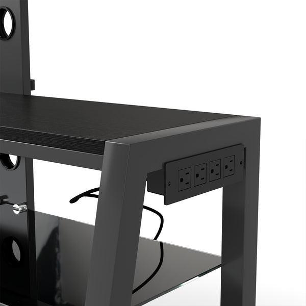 English Elm Wooden Tempered Glass TV Stand with Swivel Mount, 3-Tier Storage, Height Adjustable, Cable Management Black W241P300328