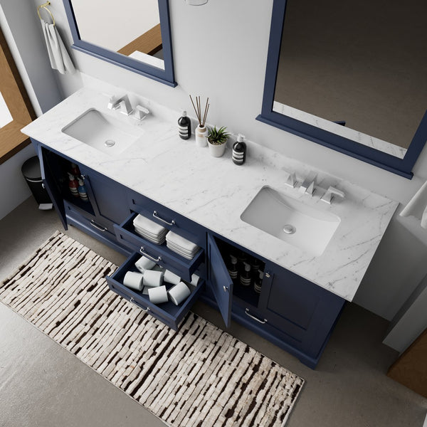 English Elm Navy Blue Double Bath Vanity 80” W X 22” D, Carrara Marble Countertop, Soft-Close Drawers & Storage B2731P258275
