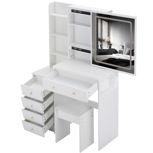 English Elm 37" Vanity Table Set with Led Mirror Stool Built-in Outlets and Hair Dryer Storage White W3258P448846