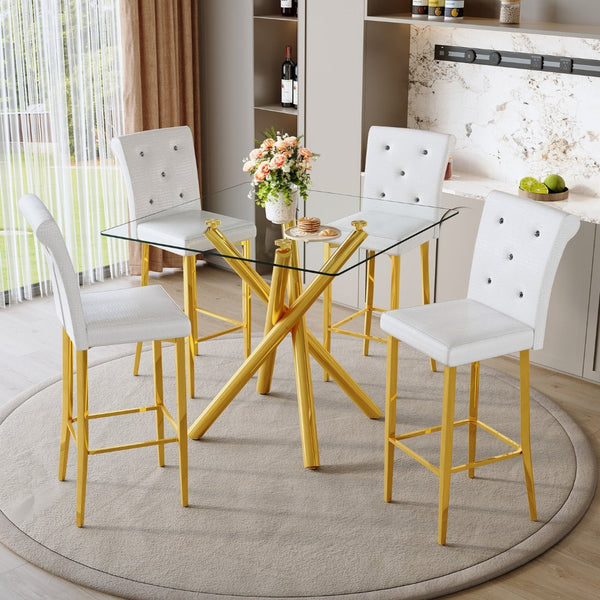 English Elm Modern Glass Top Pub Set with Gold Chrome Base and White Leather Stools for Home Bar W3875S00038