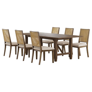 English Elm Jamie Rattan Back Trestle Dining Set with Extendable Table and Upholstered Seats B062S01595