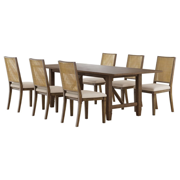 English Elm Jamie Rattan Back Trestle Dining Set with Extendable Table and Upholstered Seats B062S01595