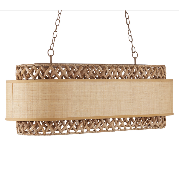 Isola Chandelier - Contemporary Khaki Wrought Iron Light with Natural Water Hyacinth & Grasscloth