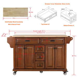 English Elm Kitchen Island durable rubberwood countertop kitchen cart on casters with towel rack, spice shelf, 5 drawers and adjustable shelving for organized meal prep and mobility Mahogany W914S00004