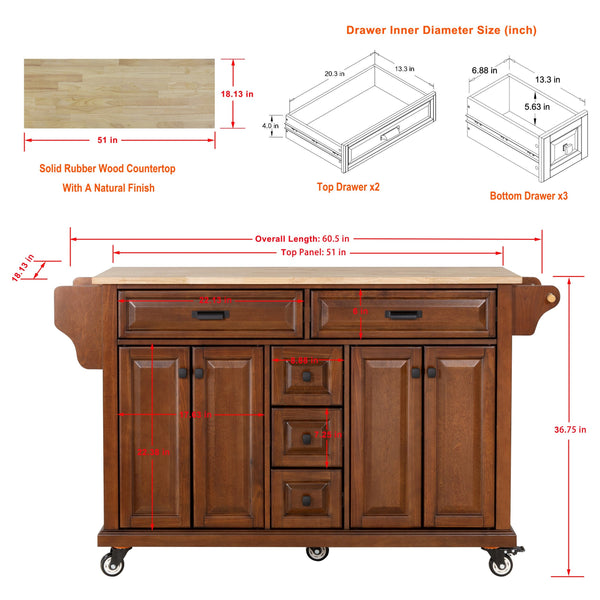 English Elm Kitchen Island durable rubberwood countertop kitchen cart on casters with towel rack, spice shelf, 5 drawers and adjustable shelving for organized meal prep and mobility Mahogany W914S00004