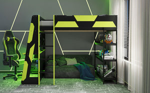 English Elm Full Size Gaming Loft Bed with Led Lighting Desk Shelves and Usb Charging Ports N820S00076F