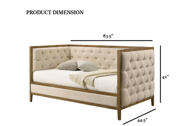 English Elm Transitional Twin Daybed with Diamond Tufted Back and Wood Trim, Versatile Seating & Sleeping Solution Natural,Oak 48 L x 46 W x 11 H B2741S00662