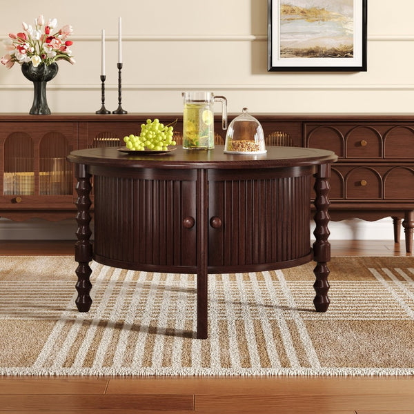 English Elm Vintage Round Coffee Table With Hidden Storage - Mid Century Modern Accent Table For Small Spaces N735P277387D-GIGA