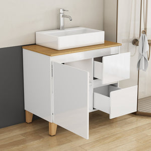 English Elm 31.5-inch Bathroom Vanity Solid Wood Top Ceramic Basin Soft Close Glossy White W3151S00070