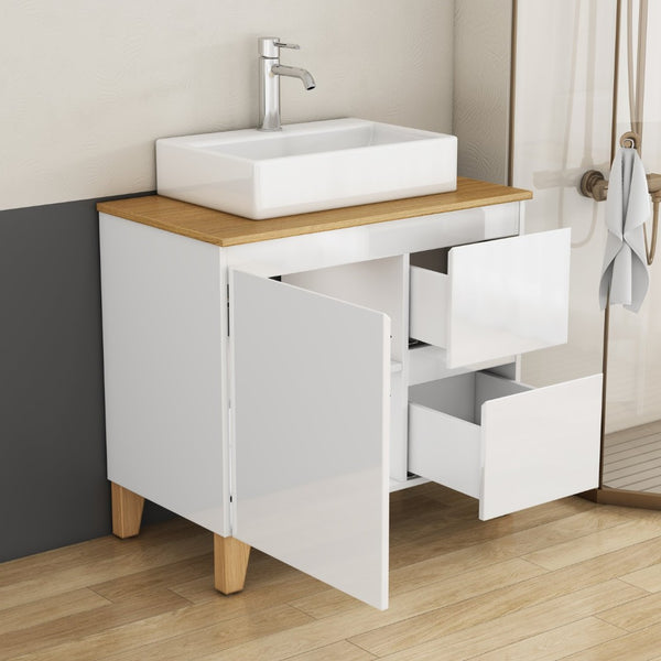 English Elm 31.5-inch Bathroom Vanity Solid Wood Top Ceramic Basin Soft Close Glossy White W3151S00070