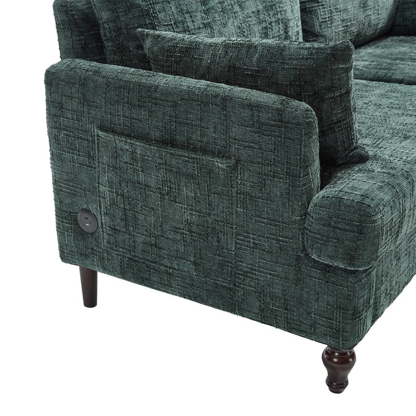 English Elm Modern chenille 2-seater sofa with LED lighting, USB charging, storage pocket, sturdy wood legs Emerald W395P318546