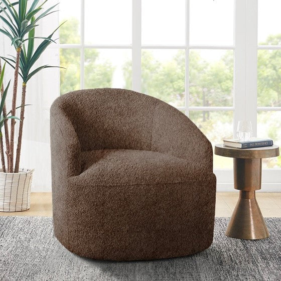 English Elm Upholstered 360 Degree Swivel Chair with Foam Seat, Solid Wood Frame, Metal Ring Legs, Chocolate Finish B035P203222