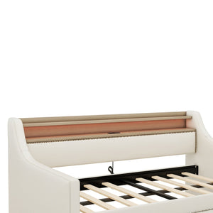 English Elm Twin Size Daybed With Storage Drawers, Charging Station & Led Lights - Stylish Beige Upholstered Design W1580S00033-GIGA