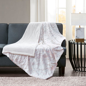 JLA Home Madison Park - Oversized Faux Fur Throw with Luxurious Marble Print — Extra-Large Plush, Machine-Washable Comfort Blush MP50-6877