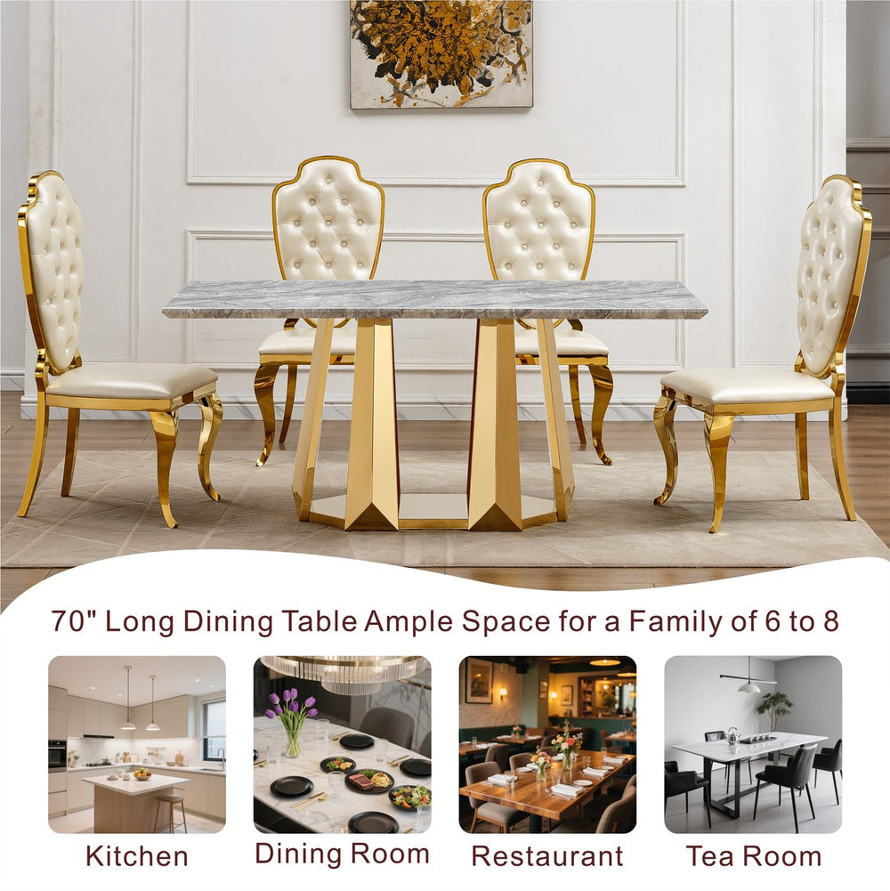 English Elm Marble Dining Table For 6 - Modern Faux Marble Rectangle Table With Gold Stainless Steel Base W3456S00041