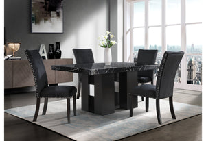 English Elm JHOANNA Solid Wood 5PC Dining Set in Black — Extra Thick Top, Double Pedestal, Silver Connector, Transitional Style B201S00170