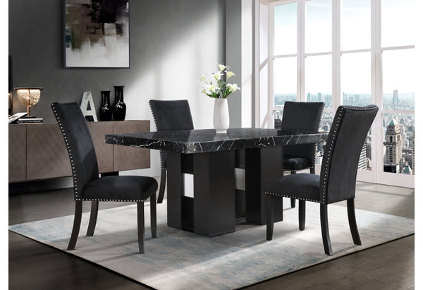 English Elm JHOANNA Solid Wood 5PC Dining Set in Black — Extra Thick Top, Double Pedestal, Silver Connector, Transitional Style B201S00170