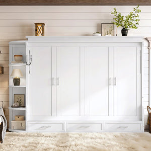 English Elm Queen Murphy Wall Bed with Side Cabinets Open Shelving and Drawers for Studio Rooms White W1580S00452