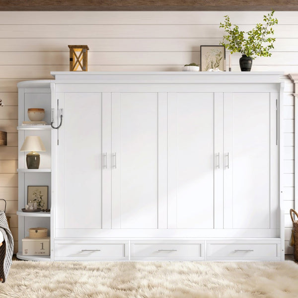 English Elm Queen Murphy Wall Bed with Side Cabinets Open Shelving and Drawers for Studio Rooms White W1580S00452