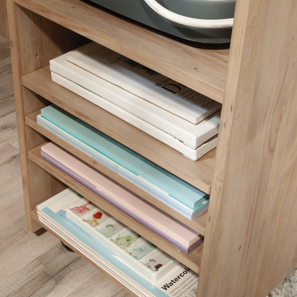 English Elm Craft Station with Drop-Leaf Extension, Brown Khaki Pine Finish — Compact Crafting Workstation w/ Storage B356P402737