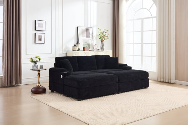 English Elm combination Modular Corduroy Sectional with Usb Charging Deep Foam Seats Black W2120S00012