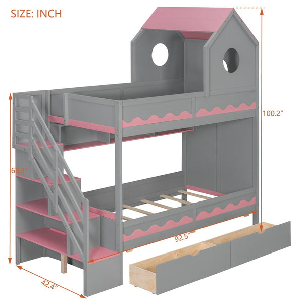 English Elm Twin Over Kids Bunk Bed with Castle Roofline Led Lights and Staircase Storage Gray N820S00068E