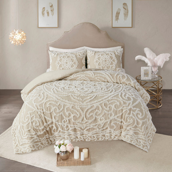 English Elm Full/Queen Laetitia Tufted Cotton Chenille Medallion Duvet Cover Set – Boho Shabby Chic, OEKO-TEX Certified B03597349