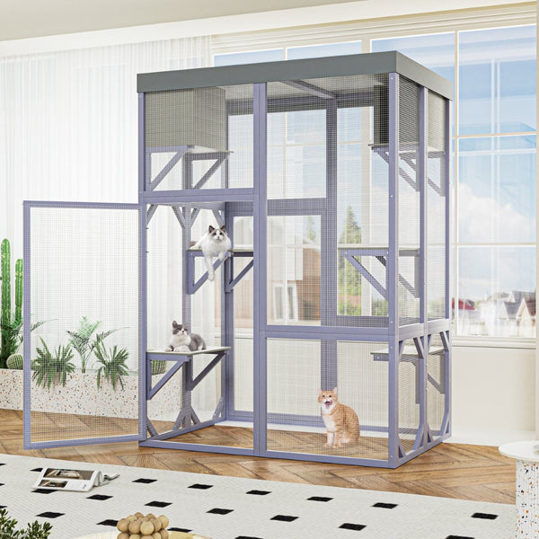 English Elm Outdoor Solid Fir Wood Cat Enclosure with 4 Tiered Platforms and Dual Napping Houses W3166P476669