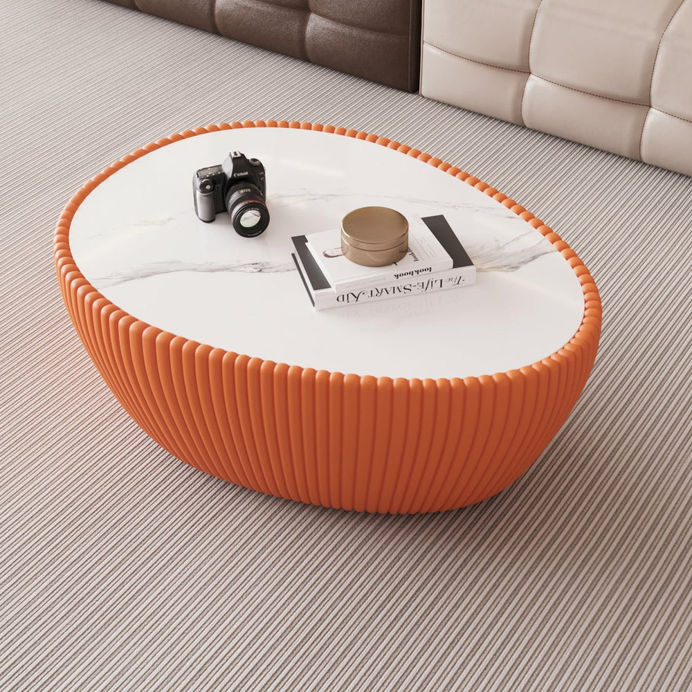 English Elm Light Marble Top Goose Egg Coffee Table with Microfiber Leather & Brass Base, Modern Luxury Accent Orange W3081P338225