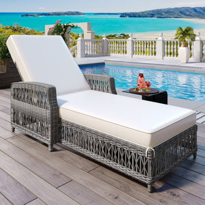 English Elm Go Outdoor Wicker Chaise Lounge Recliner with Ergonomic Armrests and Thick Cushion for Patio Beige+Grey N704P248779A