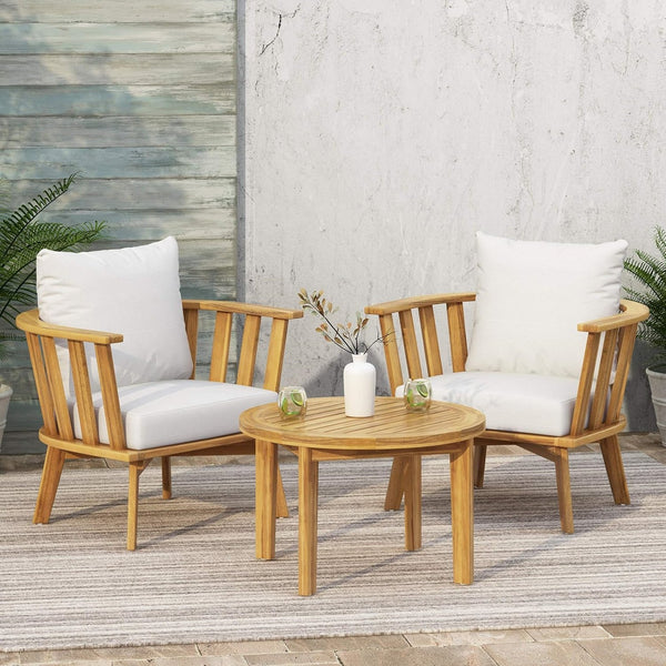 English Elm Christopher Knight Home® - 3-Piece Acacia Patio Set with Round Table, Deep-Seating Club Chairs, Waterproof Cushions, Teak Finish 64851.00WHI_70335.00